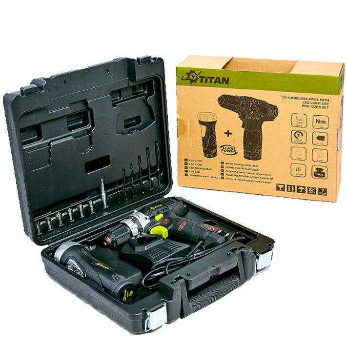 Дрель-шуруповерт + фонарик TITAN PDS122DS SET - Зображення 1