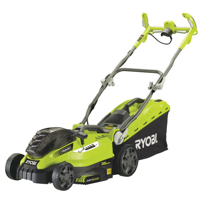 RYOBI RLM18C36H2 Гибридная (аккумуляторная и электрическая) газонокосилка, ширина скашивания 36см (2 x 2,5 Ач)