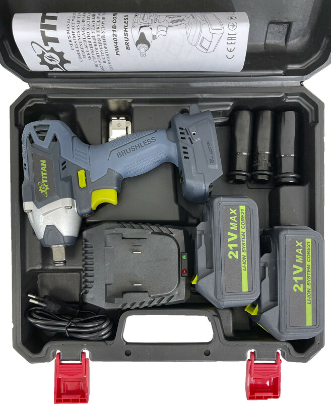 Аккумуляторный ударный гайковерт с бесщёточным мотором 21В TITAN PIW4021B-CORE SET2 - Зображення 6