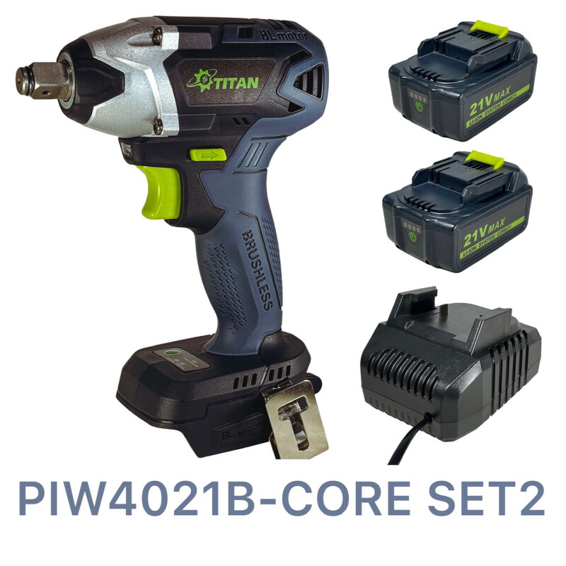 Аккумуляторный ударный гайковерт с бесщёточным мотором 21В TITAN PIW4021B-CORE SET2