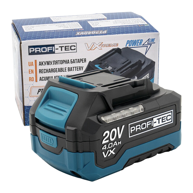 Аккумуляторная батарея PROFI-TEC PT2040VX POWERLine (20 В / 4.0 Ач, высокотоковая, с индикатором)