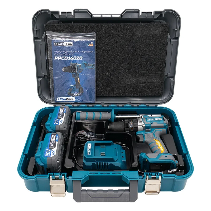 Аккумуляторная дрель-шуруповерт PROFI-TEC PPCD16020 UltraCore 160nm (2×PT2040VX (4.0 Ач), зарядное устройство) - Зображення 8