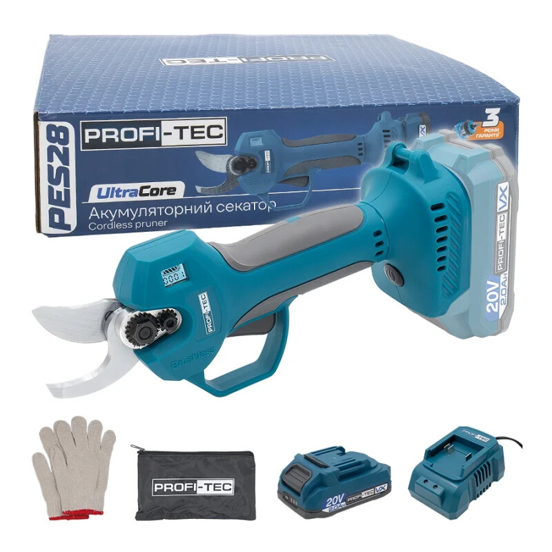 Аккумуляторный секатор PROFI-TEC PES28 UltraCore (1×PT2020VX (2.0 Ач), зарядное устройство)